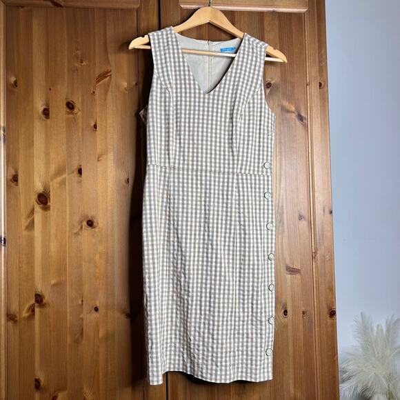 J. McLaughlin Paulson Gingham Dress Women’s 4 Sheath Tan White Sleeveless Mini - Picture 4 of 9